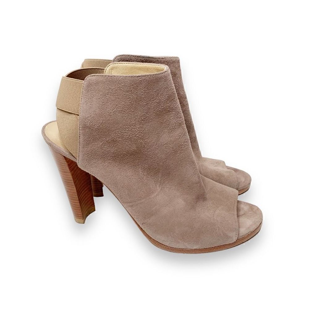Stuart Weitzman Taupe Suede Peep Toe Stacked Cone Heel Booties Women’s Size 9.5M
